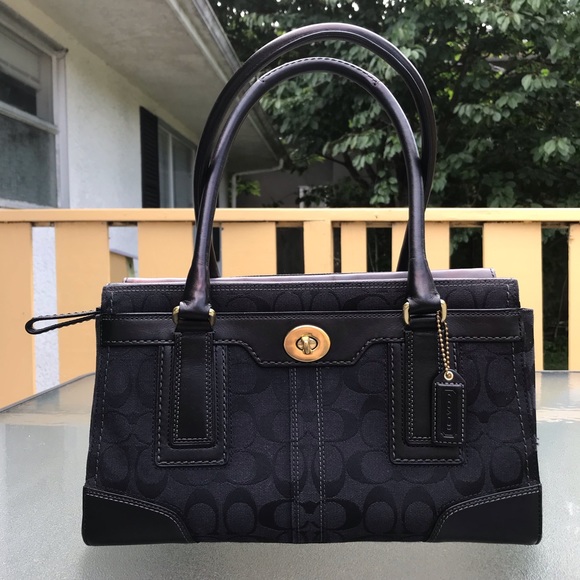 Coach Handbags - Coach Black Signature Collection Canvas and Leather Turnlock Satchel